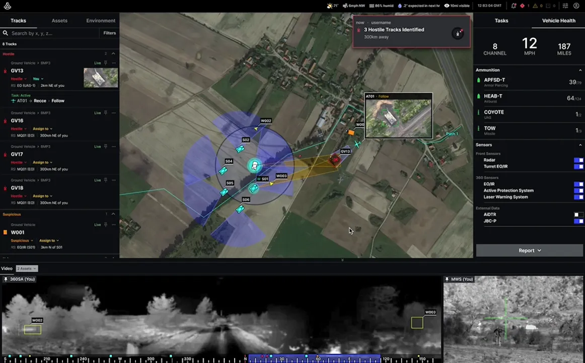 Vehicle-tracking interface combining a tactical map, vehicle status, and thermal video